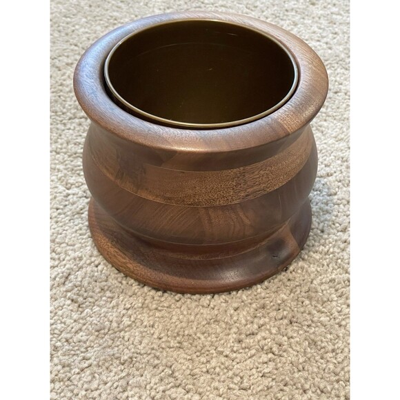 Mid Century Modern Wood Ice Bucket Container Brass Tone Insert Barware - Picture 1 of 5